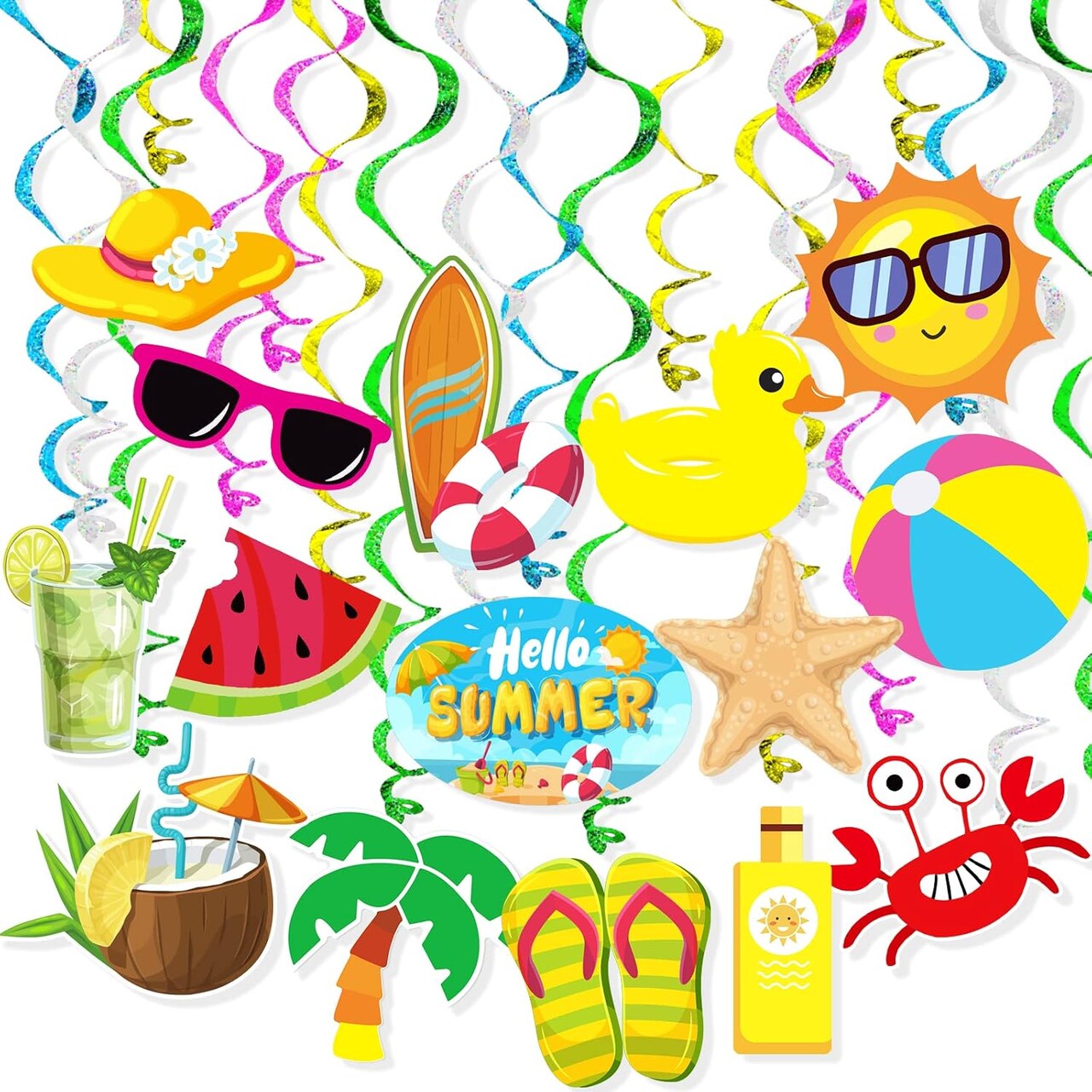 Summer Pool Beach Hanging Swirls Banner Decor 30 Pack Foil Ceiling Hanging Swirls Streams Banner Decorations Garland for Kids Luau Hawaii Celebrating Events Birthday Party Supplies Room Wall Decor